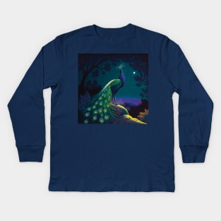 Beautiful Peacock in a Forest Clearing Kids Long Sleeve T-Shirt